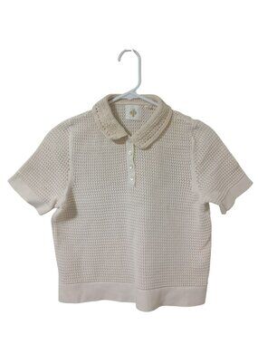 Anthropologie Crochet Knit Polo Shirt Button-Up Collar Cream Size S 100% Cotton